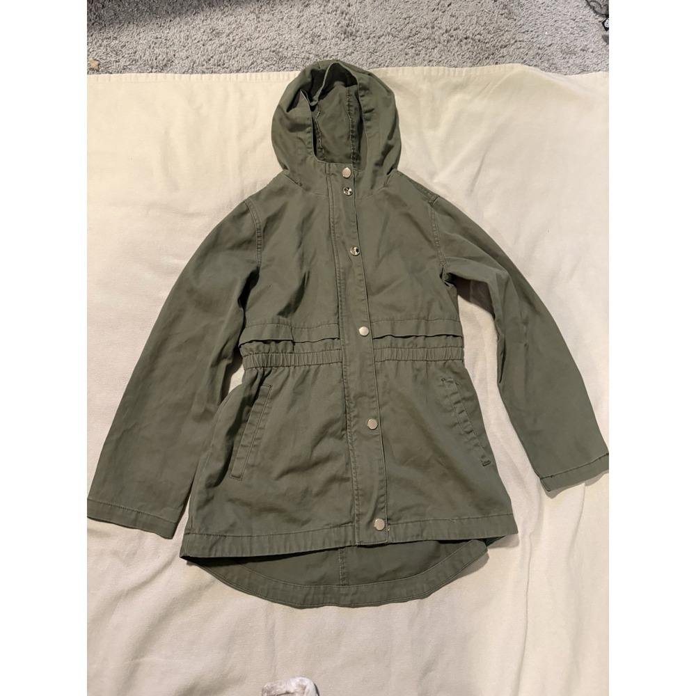 Birch & Stone Girls' Olive Green Hooded Utility Cargo Jacket Size 10 100% Cotton